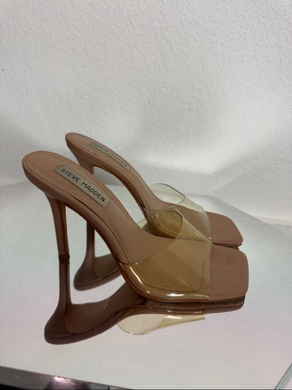 Steve Madden Tan Nude Clear Strap Stiletto Mule